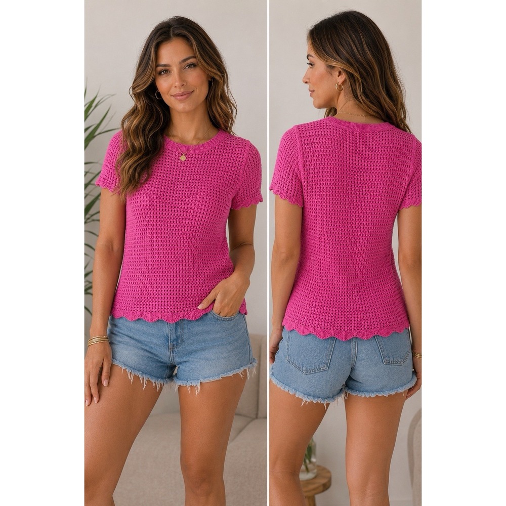Gap Pink Crochet Knit Short Sleeve Sweater Top Women's Small 100% Cotton